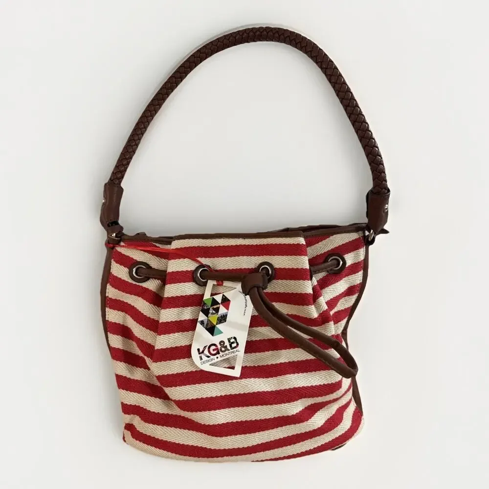 NWT KG&B Canvas Bucket Bag Red White Striped Drawstring Purse Braided Handle